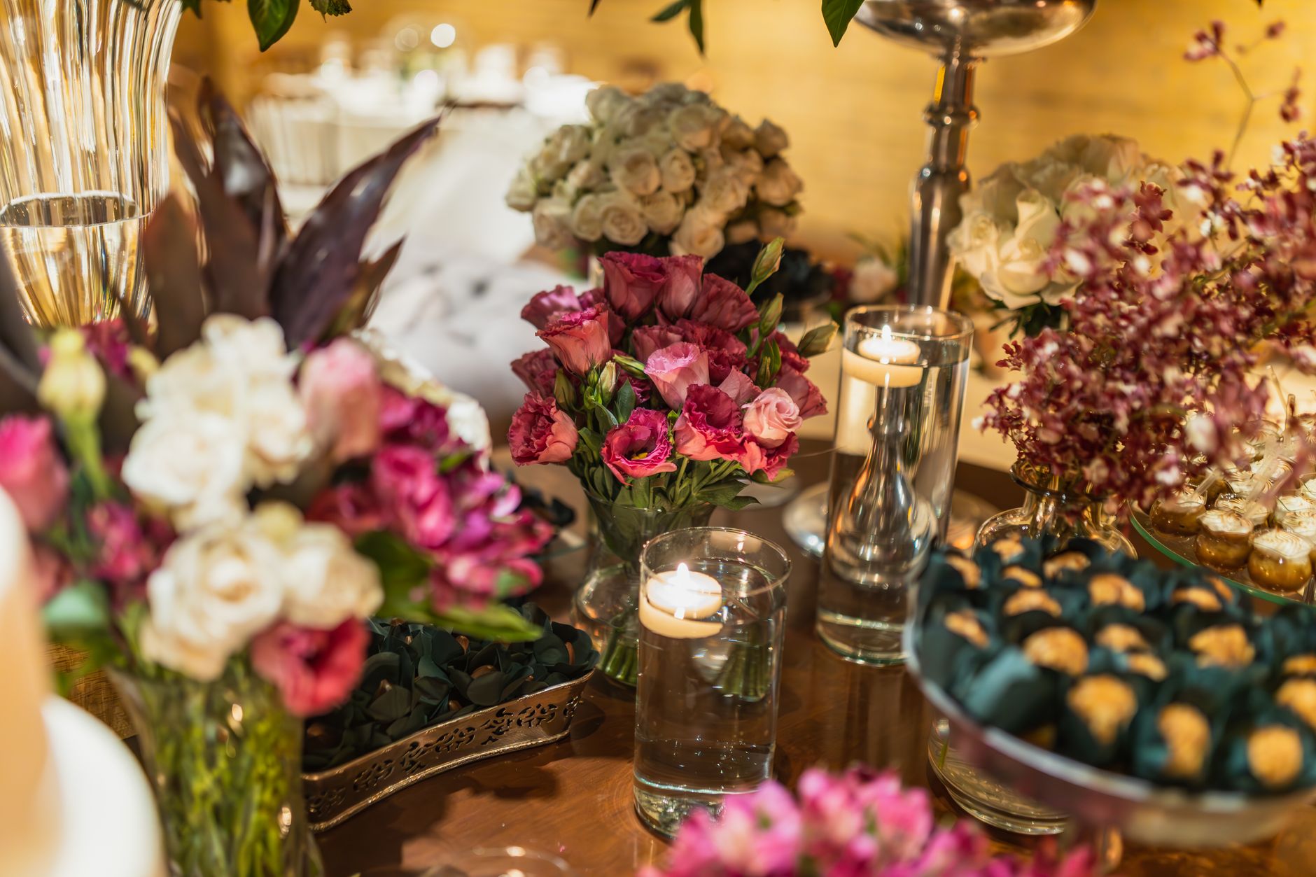 elegant event table setting with candles and flowers
