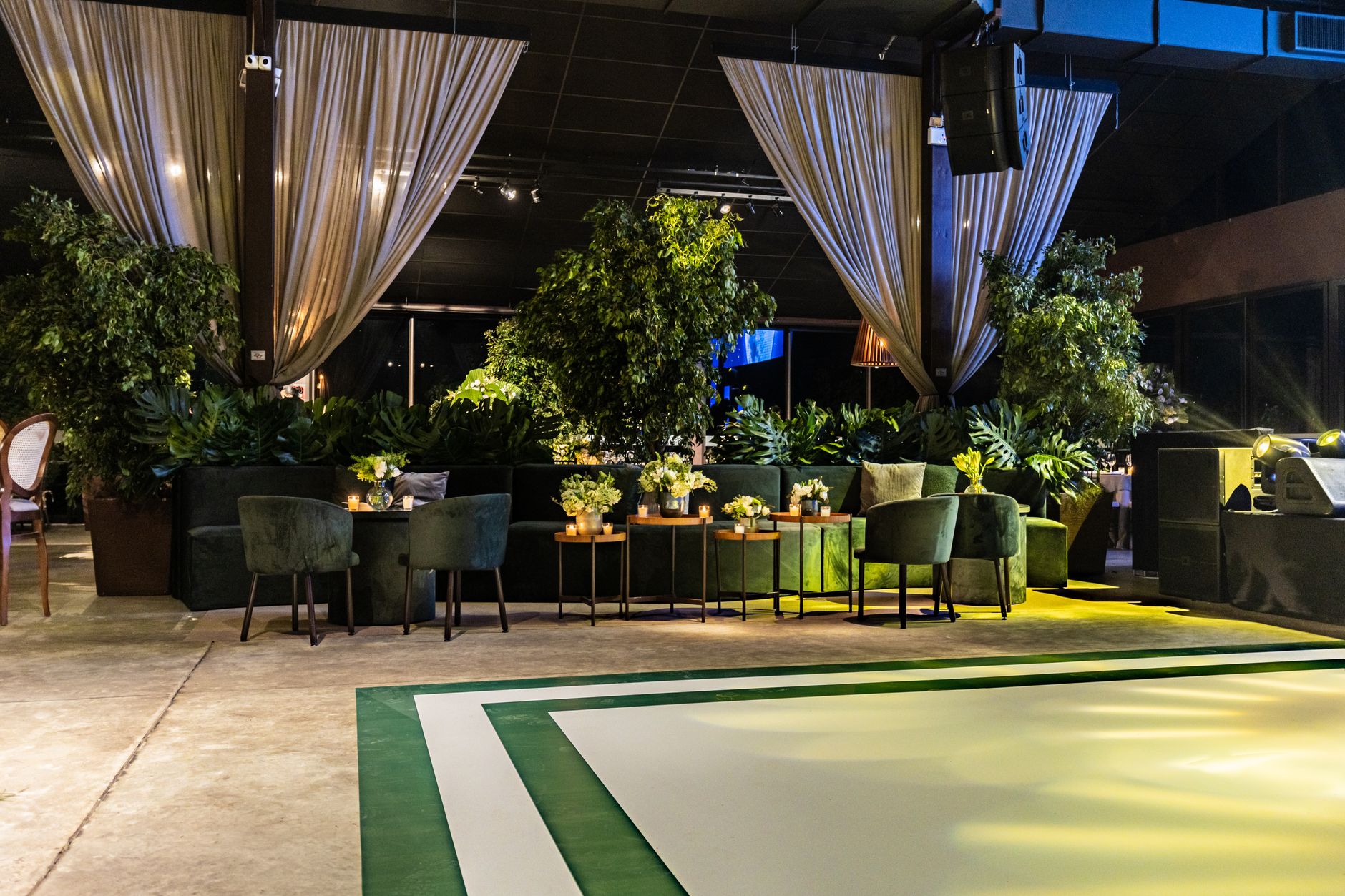 Cozy event venue interior with elegant decoration and seating arrangement