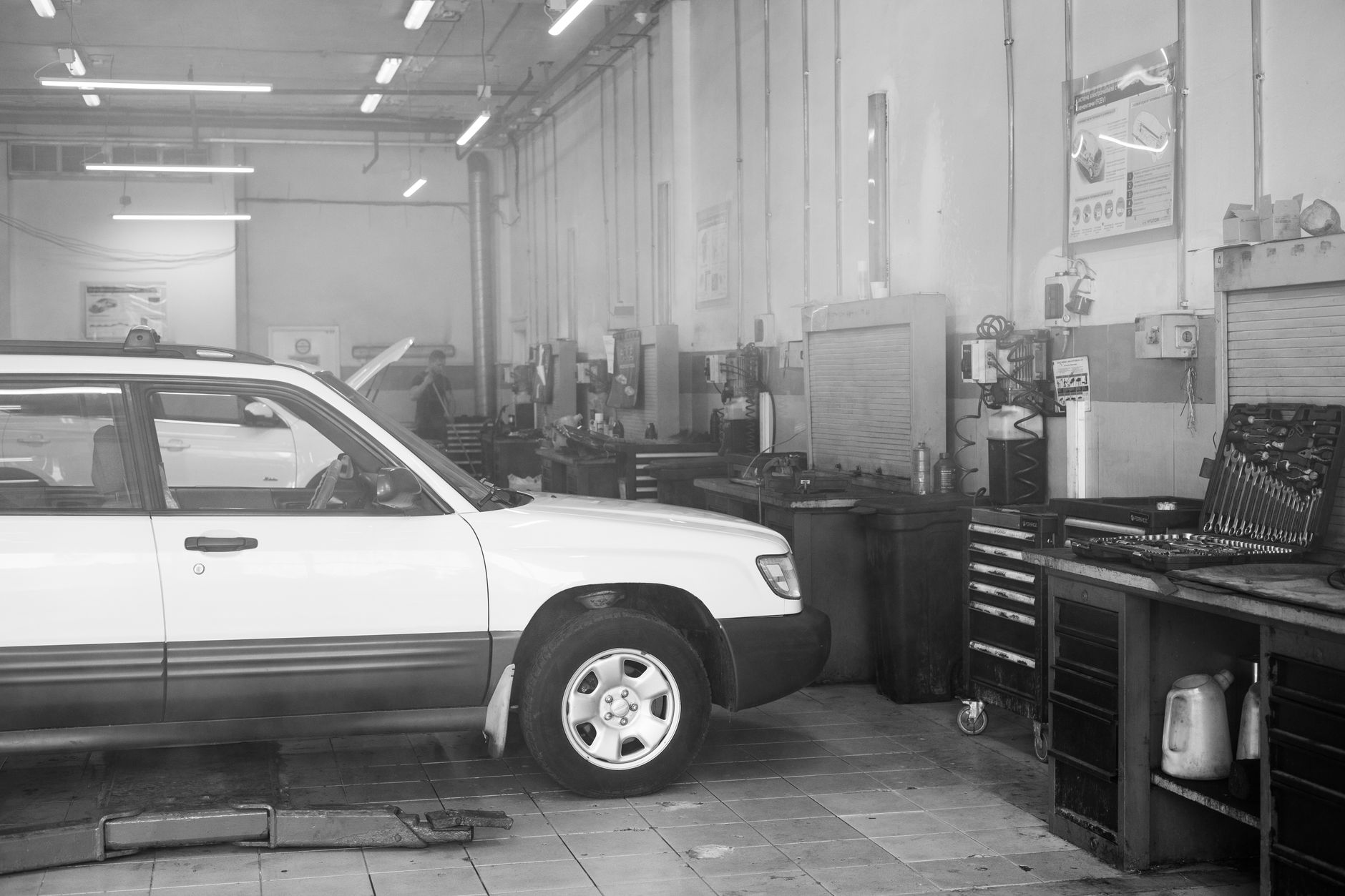 clean auto repair workshop interior with tools
